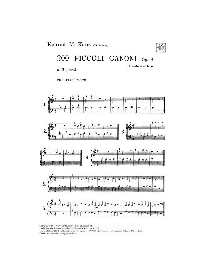 200 Piccoli Canoni A 2 Parti Op. 14