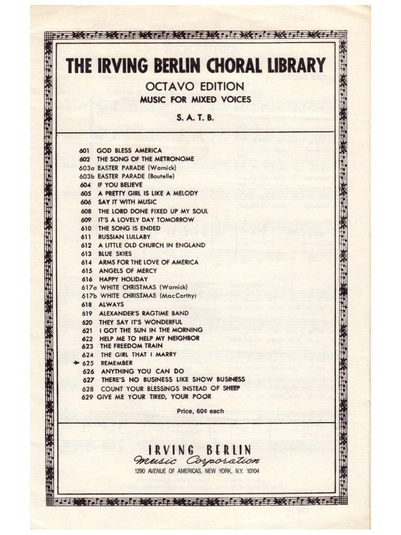 Irving Berlin: Remember (Choral)