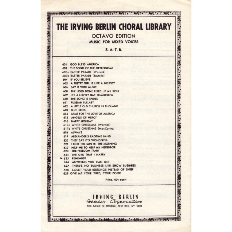 Irving Berlin: Remember (Choral)