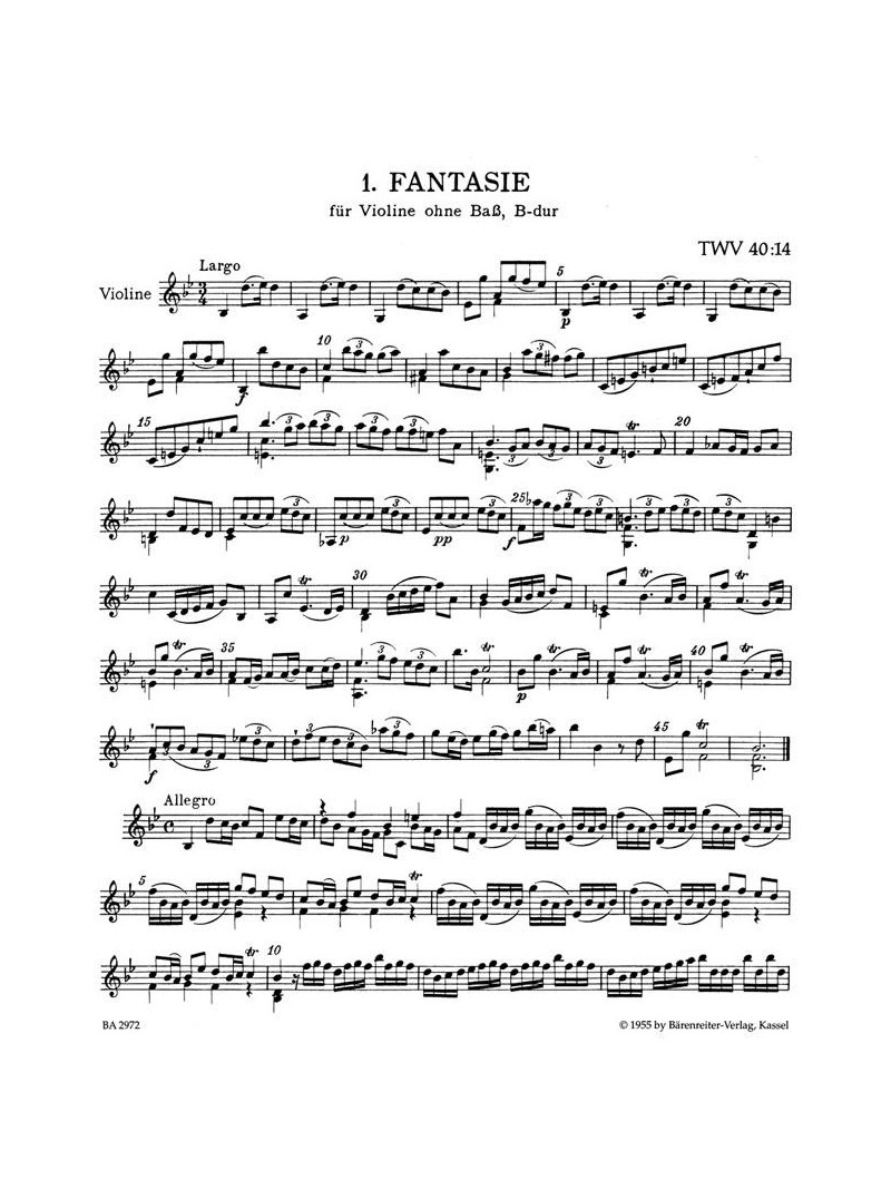 Twelve Fantasias for Violin Without Bass, 1735