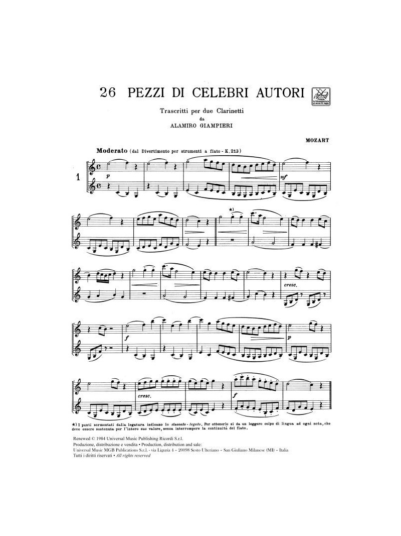 26 Pezzi Di Celebri Autori (2 Clarinetti)