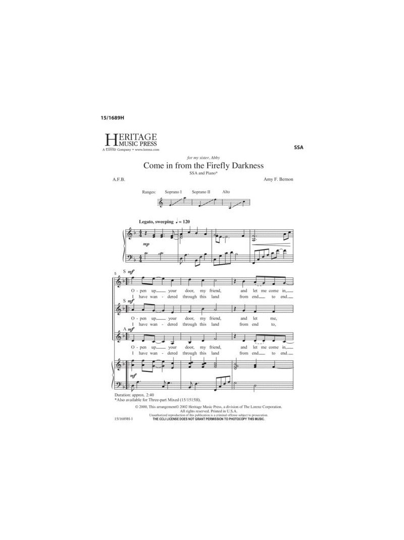 Come in from the Firefly Darkness (Choral SSA)
