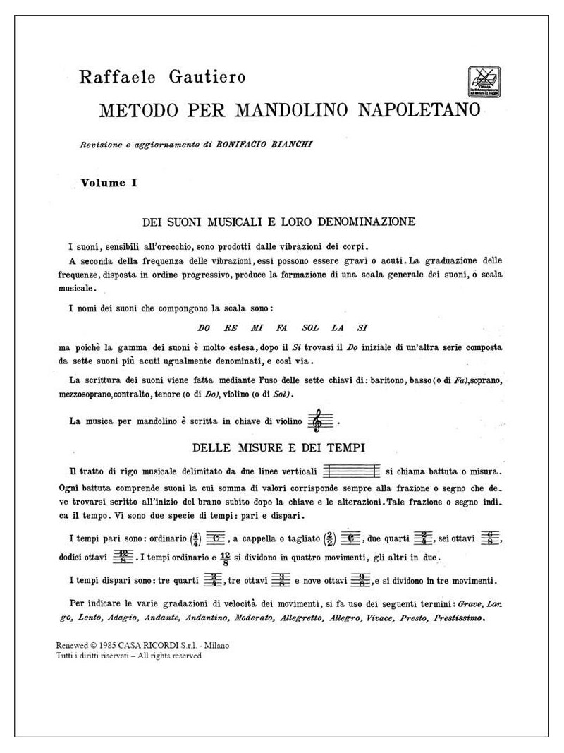 Metodo per Mandolino Napoletano. vol. 1