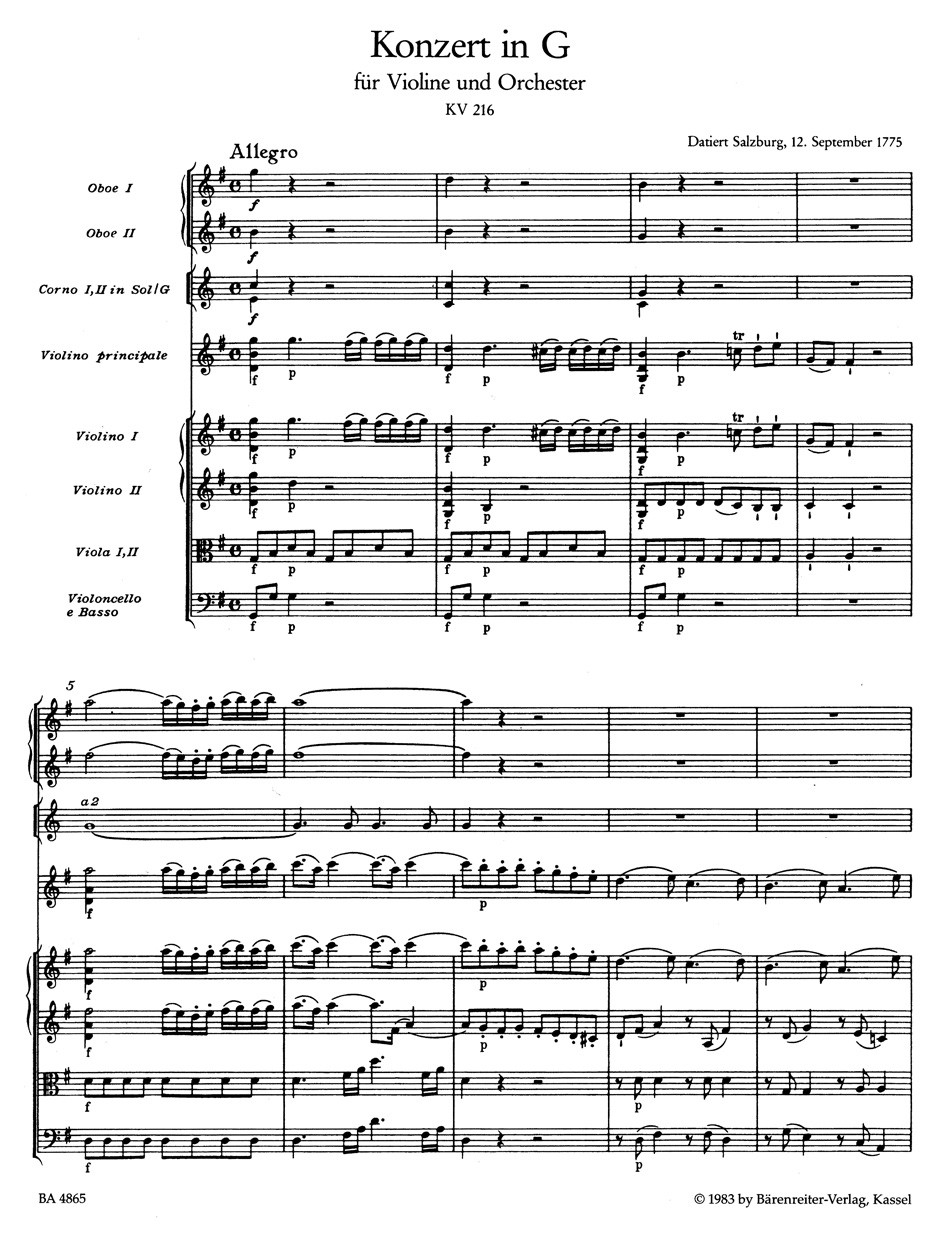 Concerto for Violin and Orchestra no. 3 in G major K. 216