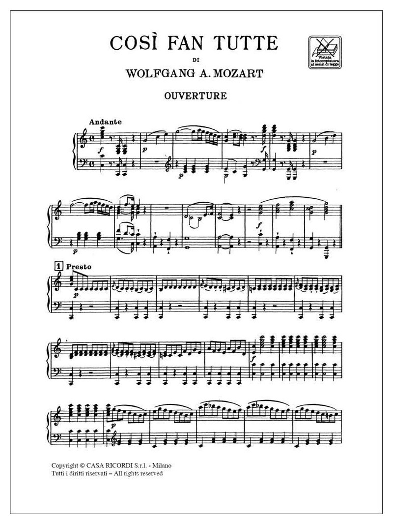 Così Fan Tutte - Opera completa per canto e pianoforte